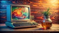 A Nostalgic Glimpse into Retro Computing Vintage Computer with a Glass Jar of Liquid Code on a Wooden