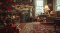 Nostalgic holiday home interior with warm tones, detailed decoration, and candid laughter