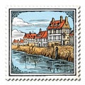 Nostalgic Illustration Of City And Harbor On Vintage Stamp