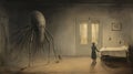 Nostalgic Illustration Of A Man And A Giant Spider In A Haunting Bedroom