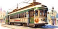 A nostalgic journey on an old electric tram. Early 20th century. Digital painting. Ai generated