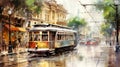 A nostalgic journey on an old electric tram. Early 20th century. Watercolor. Ai generated