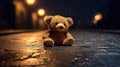 Nostalgic Night: A Teddy Bear\'s Solitude on Rain-Soaked Asphalt