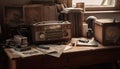 Nostalgic office desk with antique typewriter and radio generated by AI Royalty Free Stock Photo