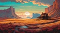 Nostalgic Painting Of Badlands With Golden Fields And Quaint Farmhouses