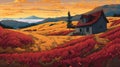 Nostalgic Painting Of Hill With Golden Fields And Quaint Farmhouses