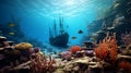 Nostalgic Realism: Undersea Ship And Corals At A Coral Reef