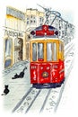 Nostalgic red retro tram on famous Istiklal street