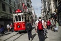 Nostalgic Red Tram in Istiklal Street, Beyoglu Royalty Free Stock Photo