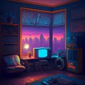 Nostalgic retro room in 80s synthwave or cyberpunk style. Futuristic neon interior of the 90s styled apartment Royalty Free Stock Photo