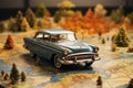 Nostalgic road trip, vintage car on an open map, selective focus