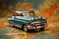 Nostalgic road trip, vintage car on an open map, selective focus