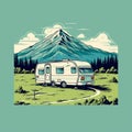 Nostalgic Rv Camper Illustration In Mountain Landscape