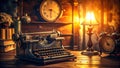 Nostalgic 1950s Retro Vibe Antique Typewriter and Clock Under Warm Soft Lighting Royalty Free Stock Photo