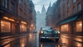 A nostalgic scene. an abstract vintage car on the wet streets of an old European city during the late evening. Perfect for