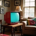 A nostalgic scene featuring an oldschool television on a table inside a room Retro TV Interior Scene Royalty Free Stock Photo