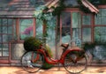 A Nostalgic Scene: Illustration of an Old Bicycle Resting in Front of a Time-Worn Garden House