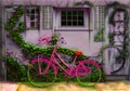 A Nostalgic Scene: Illustration of an Old Pink Bicycle Resting in Front of a Time-Worn House