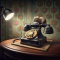 Old Bakelite phone sits on cabinet and draws interest from a mouse