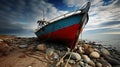 Nostalgic scene old fishing boat on sandy seashore recalling tranquil coastal days
