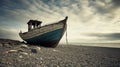 Nostalgic scene old fishing boat on sandy seashore, recalling tranquil coastal memories