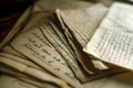 Old letters on the wooden table. Vintage style. Selective focus.