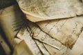 Old letters on the wooden table. Vintage style. Selective focus.