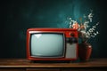 Nostalgic scene A red retro TV in an artistic still life