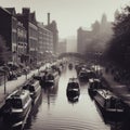 Old grainy black and white photograph of the Manchester canals in 1960s Britain