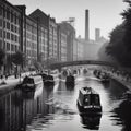Old grainy black and white photograph of the Manchester canals in 1960s Britain