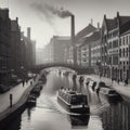 Old grainy black and white photograph of the Manchester canals in 1960s Britain