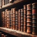 A row of old leather-bound books sit on an old wooden shelf Royalty Free Stock Photo
