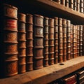 A row of old leather-bound books sit on an old wooden shelf