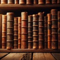 A row of old leather-bound books sit on an old wooden shelf Royalty Free Stock Photo