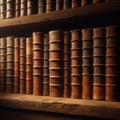 A row of old leather-bound books sit on an old wooden shelf Royalty Free Stock Photo