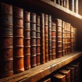 A row of old leather-bound books sit on an old wooden shelf