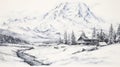 Nostalgic Snowy Mountain Landscape Drawing With Mount Elbrus And 3 Houses Royalty Free Stock Photo