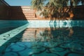 Nostalgic summer start Empty pool, rusty stairs, and tiled floor