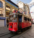 Nostalgic Taksim Tunel Red Tram, or tramvay, at Istiklal Street, Beyoglu district, central Istanbul, Istanbul, Turkey Royalty Free Stock Photo