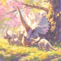 Nostalgic Vibes: Triceratops Family in a Lush Meadow