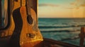 Nostalgic vintage guitar in a camper by the ocean shore on a fall night under the stars Royalty Free Stock Photo