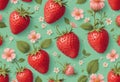 Nostalgic vintage pattern showcasing ripe strawberries, delicate pink blossoms, and a refreshing mint green backdrop. Royalty Free Stock Photo