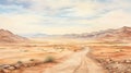 Nostalgic Watercolor Landscape: Desert Road And Sanddune