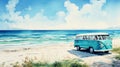 Nostalgic Watercolor Painting Of A Blue Van By The Ocean