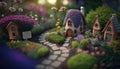 nostalgic and whimsical fairy garden with tiny houses. Ai generative