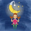 Nostalgic young girl swinging in a swing hanging from the moon Royalty Free Stock Photo