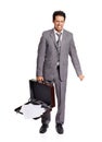 Not again. Full-length of a young executive grimacing as all his documents fall from briefcase. Royalty Free Stock Photo