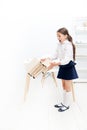 Only not this. back to school. shouting girl with workbook folders. Education. heavy documents. Towards knowledge. small Royalty Free Stock Photo