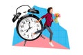 Not be late school season sale. Collage of boy run fast with flowers behind big clock isolated paint background