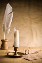 Not burning candle on vintage table Royalty Free Stock Photo